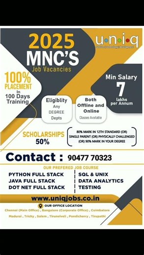 🚀 2025 MNC Job Vacancies | 100% Placement | Min Salary 7 LPA | Uniq Jobs #shorts #viralshorts #itjob