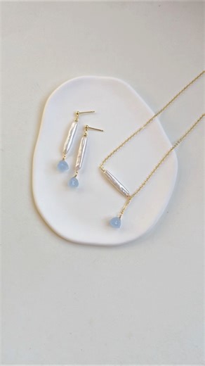 Slender stick pearls and cool blue quartz. Minimal design. #earrings #jewelry #necklace #usa #pearls