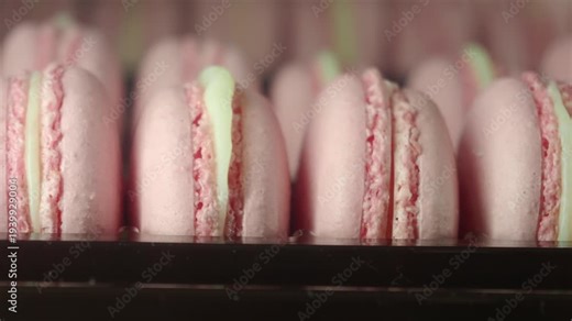 Making pink macarons in a bakery kitchen