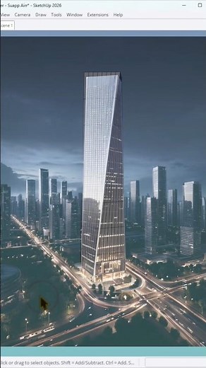 A simple massing transformed into a full urban architectural render with glass facade and lighting