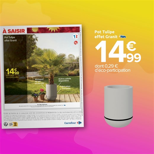 🌟 Le Mois VIP continue chez Carrefour ! 🌟 C'est le moment de faire le plein de bonnes affaires ! Cette semaine encore, votre catalogue regorge de pépites pour votre quotidien et votre maison. 🛒 Les incontournables de la semaine : 🥛 Rayon Frais : Profitez de -50% sur le 2ème pack de lait U.H.T "Maxi Format" Lactel (10x1L). 🧀 Soirée Gourmande : L'appareil à raclette grill XXL Carrefour Home est à seulement 19,99€ au lieu de 39,99€. 🪴 Déco Extérieure : Craquez pour le pot Tulipe effet granit 