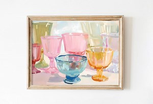 Colorful Glassware Print: Retro Kitchen Bar Cart Art (Downloadable)