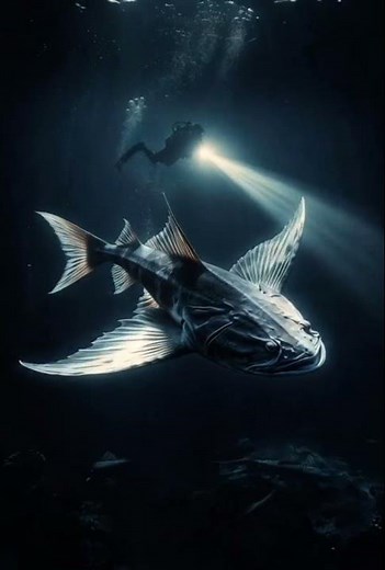 Cinematic Deep Sea Shot: Massive Skate Fish Near Diver in 8K Ultra Realism