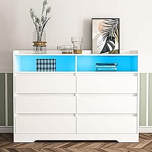 Vibe & Dine White Dresser with LED Lights, 6 Drawer Dresser for Bedroom with 2 Open Cubby, Modern Dressers & Chests of Drawers with Sturdy Frame for Entryway, Hallway