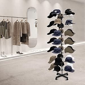 Freestanding Hats Rack with 35 Hooks, 7 Tier Metal Hat Display Stand with Wheels Rotatable Hats Organizer Rack for Vendors Home Retail Stores