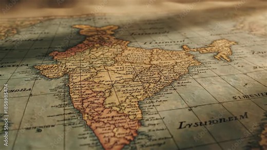 Vintage map of India. Map showing India. Map outline India. Old world map. Geographical map. Brown and beige colors. Grid lines and country borders. Vintage style. Detailed map.