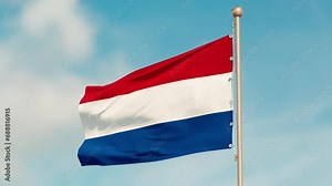 Flag of Netherlands, looped and seamless. Fabric texture, realistic wind, bottom view. Close-up.