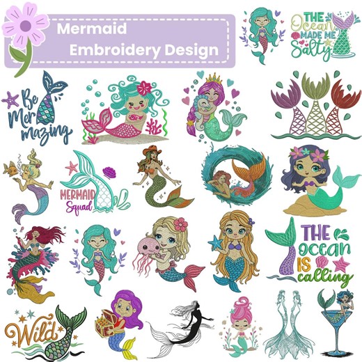 Mermaid Embroidery Design Bundle, Cute Mermaid Machine Embroidery Files, Ocean Theme Stitch Patterns, Underwater Fantasy Art, Kids Girls