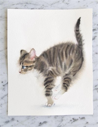 8x10 Playful Tabby Kitten Watercolour Painting – Whimsical Cat Art for Cozy Home Decor