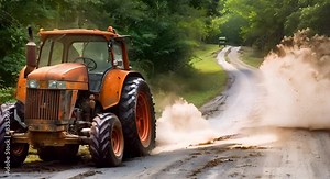 Classic Tractor Driving on Rural Dirt Road. Concept Rural Scenes, Vintage Tractor, Country Roads, Rustic Charm, Farm Life