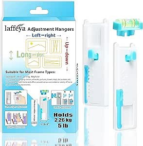 laffeya Picture Hangers, Adjustable Adhesive Wall Hooks with Level, Damage Free Hanging Strips Hanger for Art, Photos, Mirrors & Decor Frame (Picture Hook, 2)