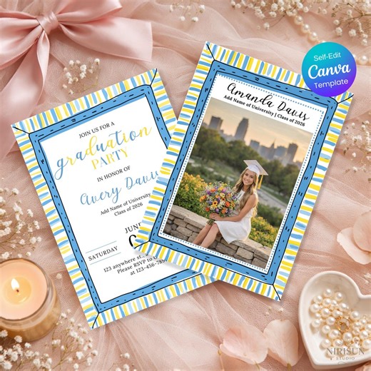 Photo Graduation Thank You Card, Blue & Yellow Graduation Party, (canva Editable Template, Digital) Graduation Announcement, Class of 2026 - Etsy