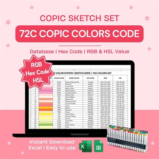 Copic Color Code Chart 72C Colors | Sketch Set | Excel Database HEX RGB HSL Value - Etsy