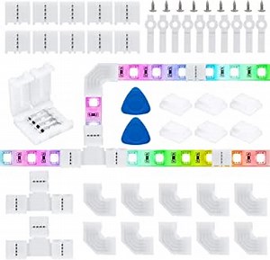 46 Pcs LED Light Strip Connectors Kit, LED Strip Connectors for 10mm 4 Pin 5050 RGB LED Lights, No Soldering 4 Pin RGB Connector with Gapless Connector, L-Connectors, T-Connectors Clips and Tools
