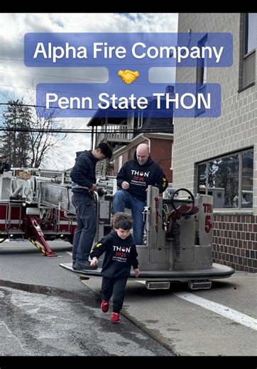 Penn Staters support @Penn State THON™ in all kinds of ways! On Saturday afternoon, members of Alpha Fire Company, including Penn State students, alumni, faculty, and staff welcomed THON families to the Borough station in downtown State College. Two trucks, an engine, and a quint picked up participating THON families and accompanying THON personnel and brought them to the station for tours, apparatus exploration, tool and firehose demonstrations, and “bucket rides” on the truck.