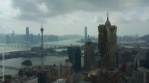 macau cityscape sunny day downtown zhuhai bay aerial panorama 4k china