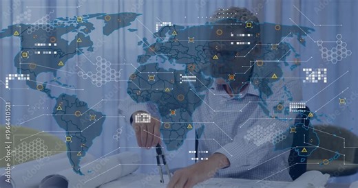 Engineer placing compass on blueprint and activating animated world map overlay for architecture