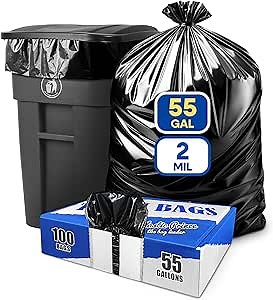 55-60 Gallon Trash Bags Heavy Duty 2 Mil Fits Rubbermaid Brute Rollout Round and Square 32-55 Gallon Trash Cans 43 x 47 Large Durable Garbage Trash Can Liners, Black Pack of 100