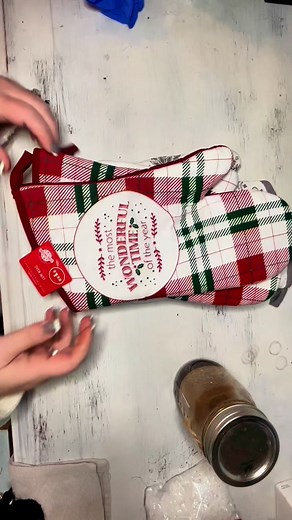 Dollar tree oven mitts made into winter mittens! I hung mine on my kitchen cabinets ! Beautiful way to add some primitive decor to your home for the holidays! Simple, easy, and inexpensive ! My kinda craft! #Holidays #decor #Christmas #craft #primitive #dollartree #diy | Grams Rustic Farmhouse