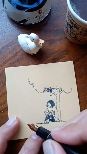 cat&girl🐾黒猫と女の子と木陰 #inkdrawing #penwork #cat