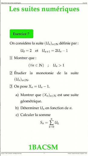 Exercice 7 Les suites numeriques 1BACSM Maths space2study M1BSMS4v12 #maths