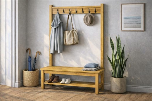 Entryway Coat Rack Bench Plans | Wooden Hall Tree DIY PDF | Shoe Storage Bench