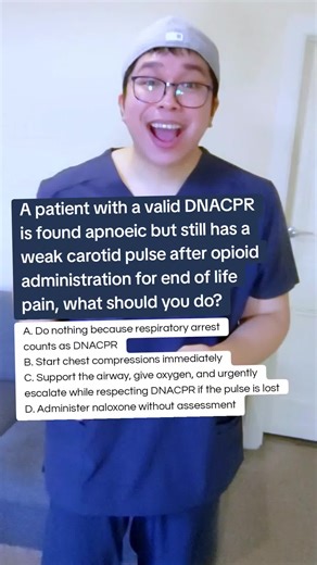 DNACPR applies when cardiac arrest occurs and does not mean withholding treatment for potentially reversible respiratory depression, so nurses must provide airway support, oxygen, and escalation while honouring DNACPR if cardiac arrest follows. #nursingstudent #nursing #quiz