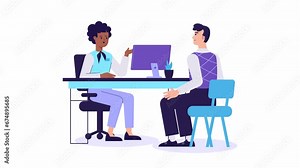 Manager and a Client animation. Bank service, finance, credit, deposit consult. Worker Receptionist Providing information to customer, Financial consultation. HR recruiting or hiring employee