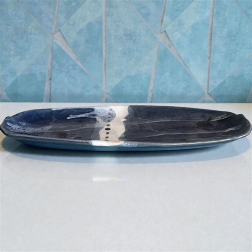 Ceramic Serving Platter Handmade Pottery Tray Blue and White Pottery Tray Stoneware Charcuterie Serving Tray Sushi Long Oval Dish - Etsy
