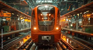 A hyper-realistic look inside a modern metro train assembly line, detailed and precise