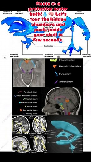 Where the Cerebrospinal Fluid (CSF) Flows: Ventricles & Cisterns Your brain floats in a protective water bath!💧🧠 Let's tour the hidden chambers and pools inside your skull in under 60 seconds. We're exploring: ✅The Ventricular System: The brain's internal chambers producing and circulating CSF. ✅The Basal Cisterns: The key CSF-filled pools around the brainstem crucial for neuro navigation. See how it all looks on a real MRI brain scan! This is a fundamental concept for understanding anatomy, h