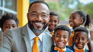 African American teacher smiling with students in the background of the classroom