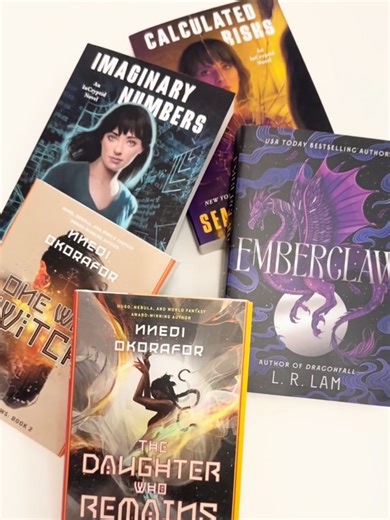 February had endings and new beginnings for DAW with these science fiction and fantasy novels that will have you wanting more! 🌌 THE DAUGHTER WHO REMAINS by Nnedi Okorafor is the final book of the She Who Knows trilogy, where you follow Najeeba, older and wiser, as she has to confront her past for her future 💜 EMBERCLAW by L.R. Lam is the final book of the Dragon Scales duology, with a high-stakes heist amidst a slow burn romance! ✨ IMAGINARY NUMBERS and CALCULATED RISKS, books 9 and 10 of the