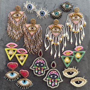 Evil Eye Beaded Earrings, Pink and Gold Statement Earrings, Hamsa Hand Earrings, Native Fringe, Summer Jewelry, Gift for Her, Boho Jewelry - Etsy