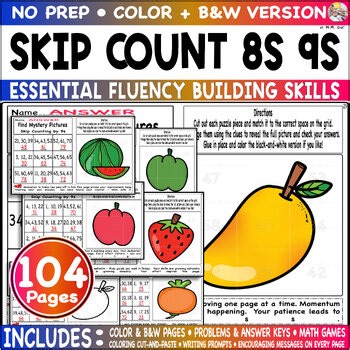 Skip Counting by 8s 9s Lesson Game Pict Color Cut Paste Worksheet Practice Task