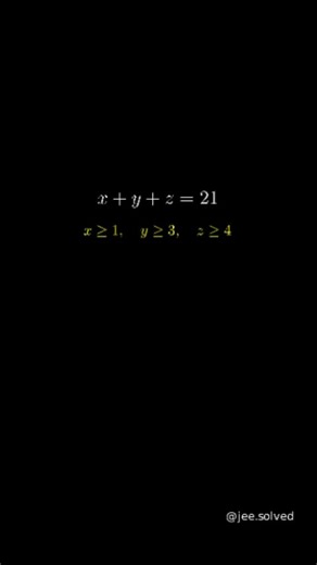 JEE Visual Problem Solving on Instagram: "🎲 Combinatorics Hack: The "Beggar's Method" (JEE Main 2023) Integral Solutions problems are easy if you treat variables like beggars! 🤲 The Problem: x + y + z = 21 Constraints: x >= 1, y >= 3, z >= 4. The 3-Step Hack: 1️⃣ Pay the Debt First: Subtract the minimum requirements from the total. Total needed = 1 + 3 + 4 = 8. New Total (n) = 21 - 8 = 13. Now the problem becomes: X + Y + Z = 13 (where variables >= 0). 2️⃣ Use the Magic Formula: Formula: (n +