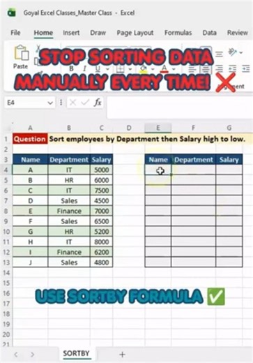 SORTBY Formula in Excel | Auto Sort Data Without Manual Sorting 🤯 | Excel Tips #shorts #excel