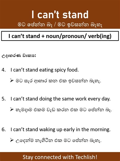 Want to speak English more naturally? 💬 In this short video, you’ll learn how to use “I can’t stand” correctly with real-life examples and Sinhala meanings! 🇱🇰 Improve your English step by step every day ✨ 👉 Don’t forget to like, share, and follow for more daily English learning videos! #EnglishWithSinhala #EnglishLearning #LearnEnglish #EnglishReel #EnglishSpeaking #EnglishGrammar #SpokenEnglish | Techlish