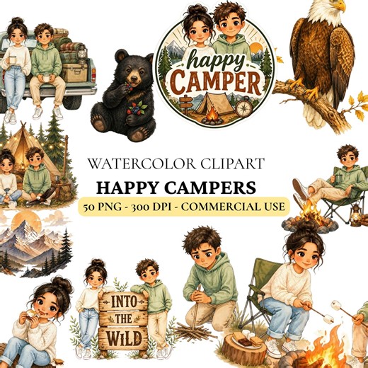 Camping Clipart Bundle, Happy Camper PNG Clipart Set, Outdoor Adventure Watercolor Clipart for Cricut, Nature Lover Camp Life, 50 pngs
