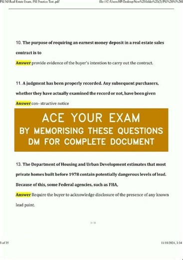 PSI NJ Real Estate Exam PSI Practice Test 2024 2025 Actual Questions and Verified Answers 100 Guara