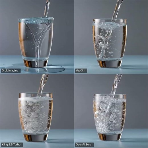 Physics reasoning test video gen model comparison: glass fills with water