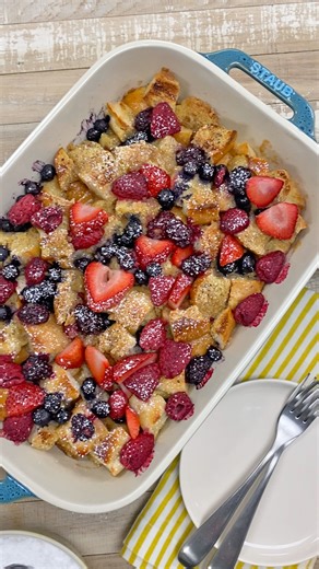 Overnight blueberry French toast casserole gives you a company-worthy breakfast! Full recipe here: https://trib.al/RXjgTH1 | Taste of Home