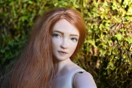 OOAK Porcelain BJD Doll Claire: Handmade Doll With Red Mohair Wig