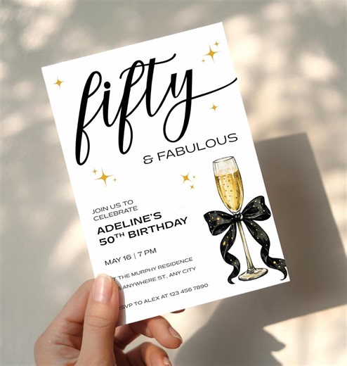 Fifty & Fabulous Birthday Party Invitation Template, Canva Editable Template, Printable Digital Download, Coquette Champagne 50th E-invite - Etsy