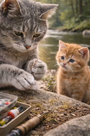Mama Cat & Kitten Camping by the River 🌲🐟