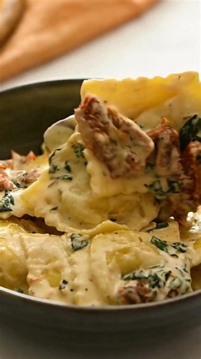 Comment recipe below and I’ll send you the recipe for this creamy ravioli in a delicious sun-dried tomato sauce 🍅 | The Recipe Critic