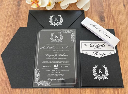 Clear Acrylic Wedding Invitation Set: White Foil, Black Pearl Envelope - Etsy