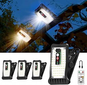 Clip On Solar Motion Lights Outdoor Waterproof, 800LM, 70 LED, 3 Color Temperature, USB & Remote Control, 4 Pack Portable Solar Powered Light Outside for Gutters Fence Garage Camping
