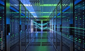 The server room of a data center or Internet service provider contains data servers and glass panels that allow the flow of digital information through the network.