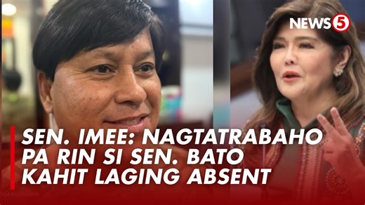 SEN. BATO, 'DI SUMASAGOT PARA HINDI MA-TRACE? Dinepensahan ni Sen. Imee Marcos ang kanyang kaalyado na si Sen. Bato dela Rosa laban sa mga kritiko nito dahil sa patuloy na pag-absent sa Senado. Aniya, patuloy pa rin namang nagtatrabaho ang senador kahit hindi nagpapakita matapos ang ulat na may arrest warrant na umano ang International Criminal Court (ICC) laban sa kanya. For more latest stories, visit us at www.news5.com.ph | News5